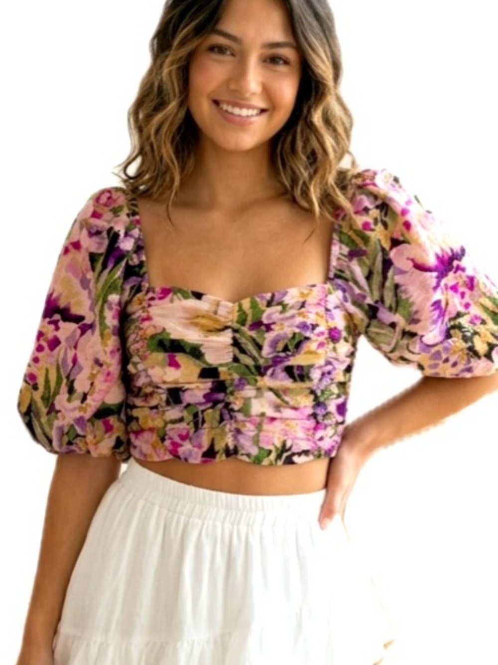 H&M Floral Puff Sleeve Milkmaid Crop Top Size Small Ruched Smocked Back Coquette